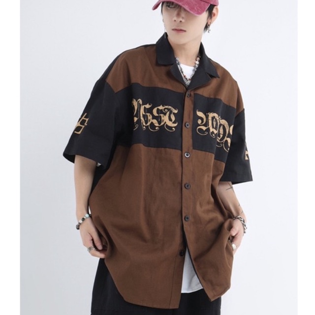 Áo sơ mi INS chính hãng chất kaki cao cấp cổ vest tay ngắn form rộng unisex nam nữ phong cách phối chữ