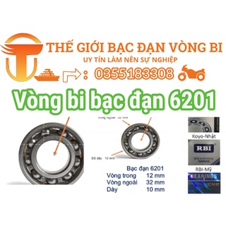 Vòng bi 6201 có đường kính trong 12 mm, vòng ngoài 32 mm, dày 10 mm.