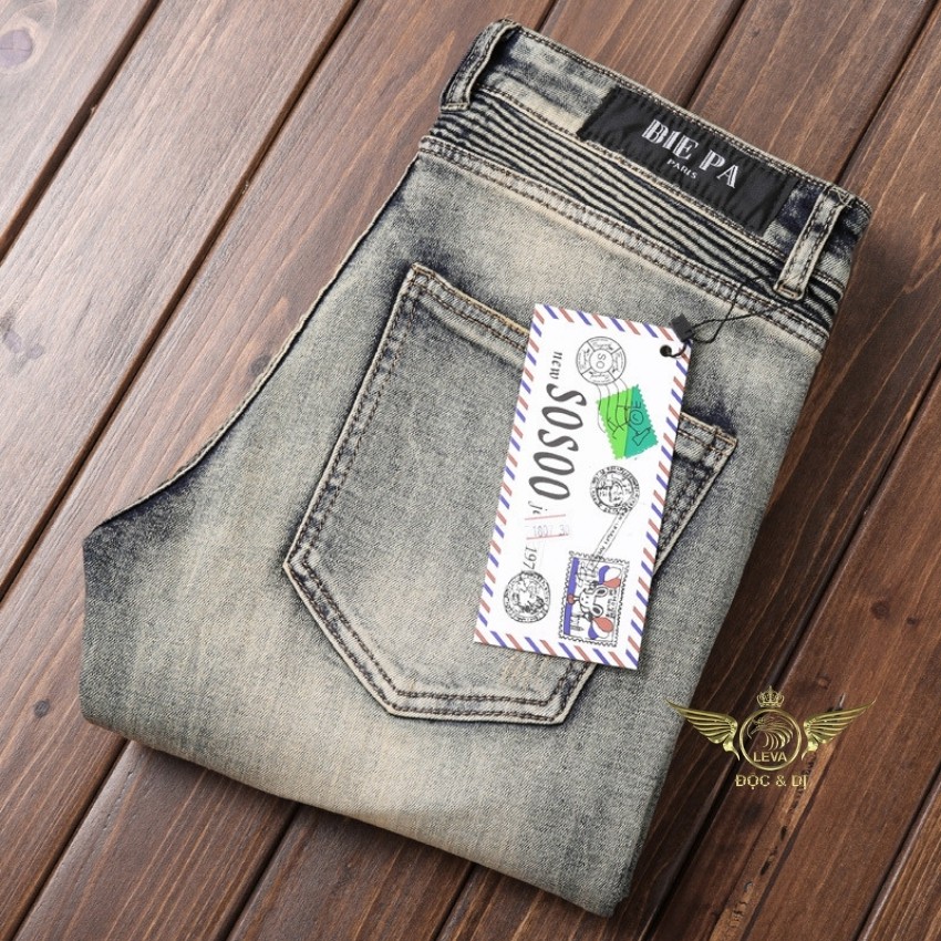 Quần jean nam cao cấp ống ôm LEVAMEN chất liệu vải bò jeans co giãn nhẹ Motorbike nhăn gối QJ003 | BigBuy360 - bigbuy360.vn