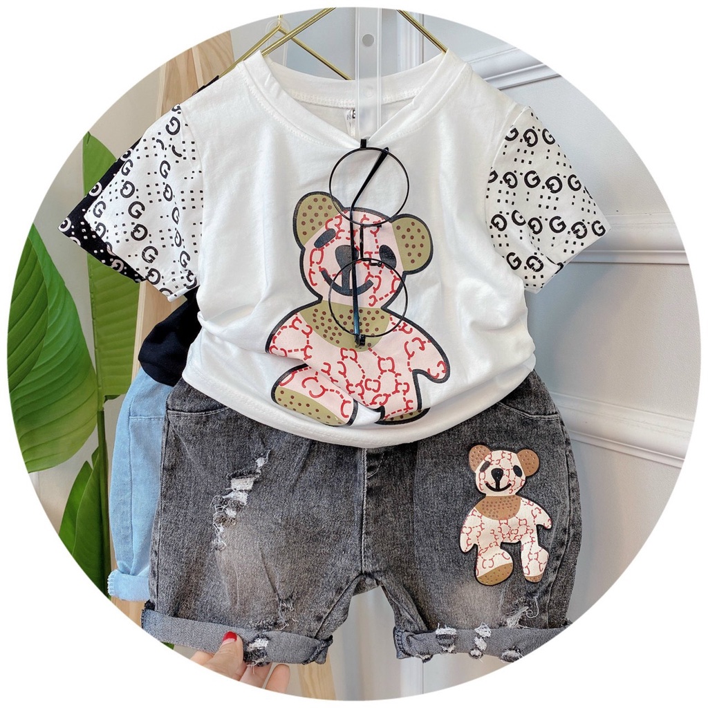 Áo cộc tay bé trai, set bộ áo gấu GC phối tay kèm quần short jean xịn sò cho bé