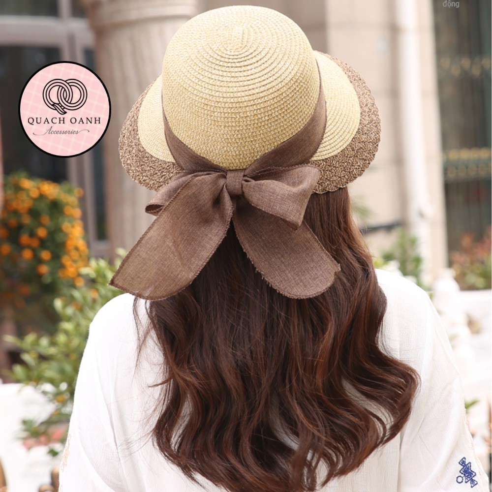 Mũ cói mềm, nón cói đi biển nữ rộng vành viền nâu phối nơ sau phong cách vintage chống nắng – MU46