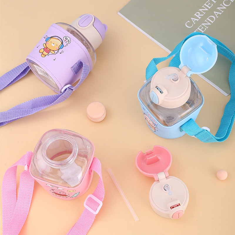 Bình Nước cute 600ml đẹp xinh Xắn dễ thương Cho Bé mang Đi Học Kèm Ống Hút Và Túi Vải - LANA QUEEN