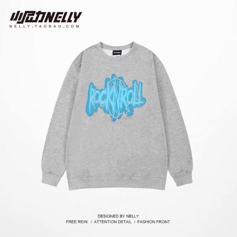 Áo sweater nelly heybig nỉ lót lông sale (có sẵn) rocknroll xanh