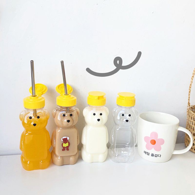 Bình nước du lịch hình gấu + ống hút có nắp đật chống rò rỉ 250ml dành cho bé