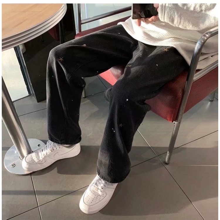 Quần jean dài dáng rộng thêu họa tiết ngôi sao cá tính thời trang dành cho nam