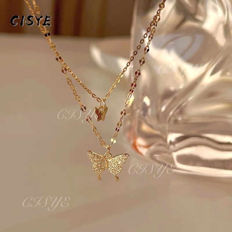 Dây chuyền hai lớp mặt hình bướm đính đá zircon không gây dị ứng cho nữ