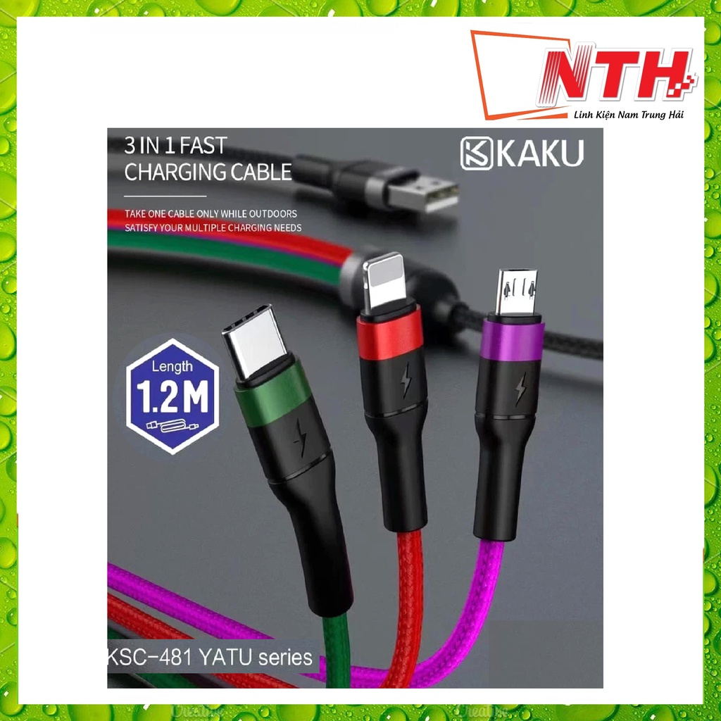 Cáp Sạc Nhanh 3 Đầu KAKU K481 - Dây Dù - NTH