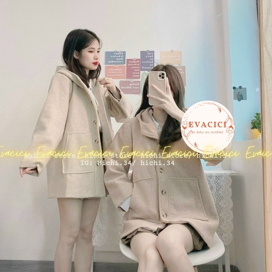 Áo khoác dạ nữ trơn 2 lớp dày dặn ấm áp có mũ. Áo khoác nữ chất dạ cúc cài túi chéo sâu form rộng hàn quốc ấm áp.