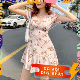 Đầm mieu cổ v bèo xếp màu hồng - fo33