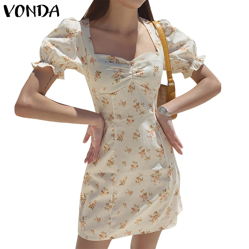 VONDA Women Korean Casual Square Neck Short Sleeve Floral Sexy Short Dress