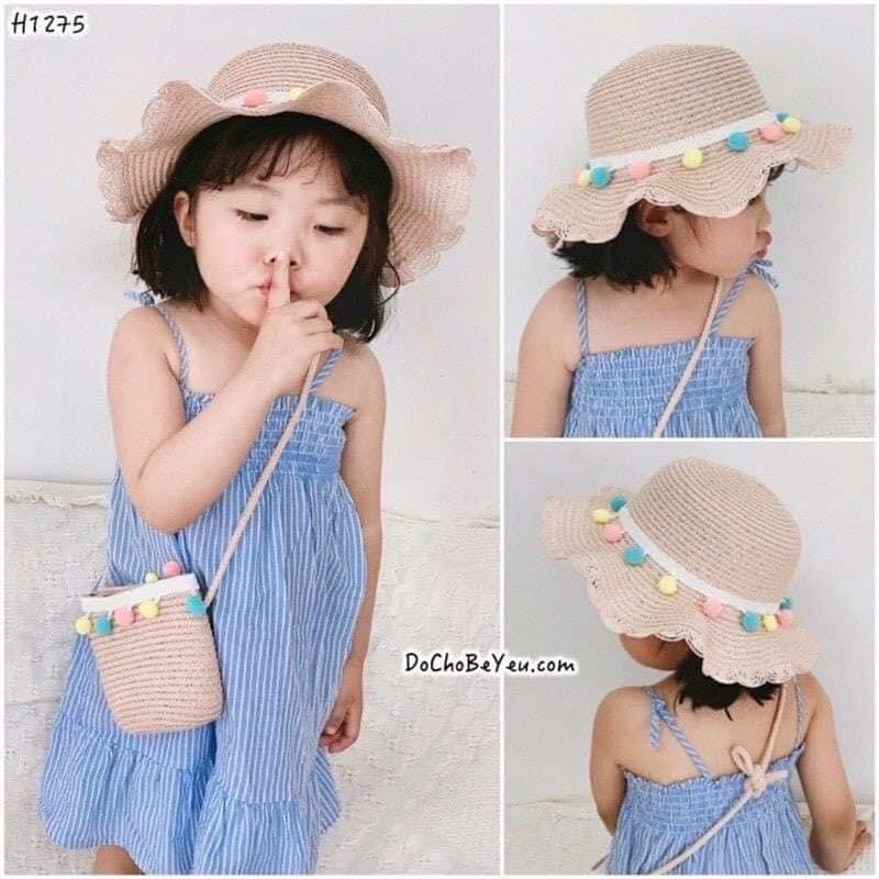 Sét mũ cói kèm túi cho bé gái hình bông len siêu xinh ( từ 2-8 tuoi)