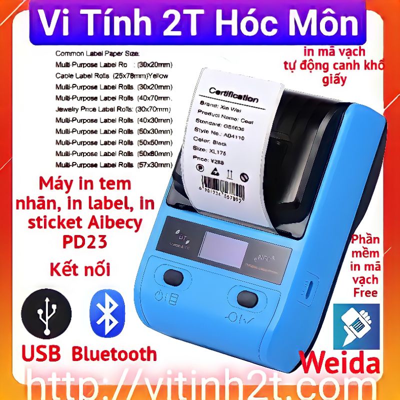 Máy in tem nhãn, in label mã vạch, in sticket Aibecy DP23 kết nối bluetooth và usb