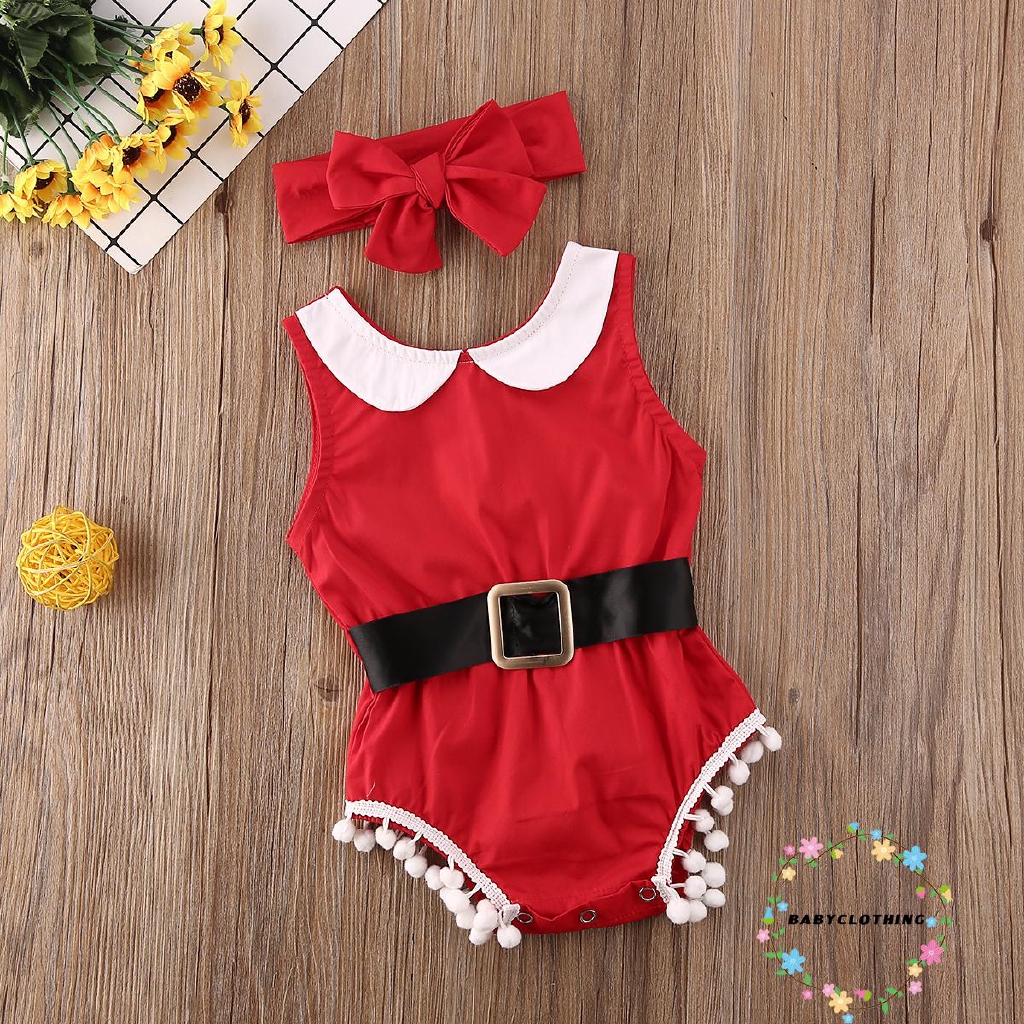 ღWSVღChristmas Newborn Baby Girl Clothes Tassel Romper Jumpsuit Bodysuit Headband Xmas Party Outfit