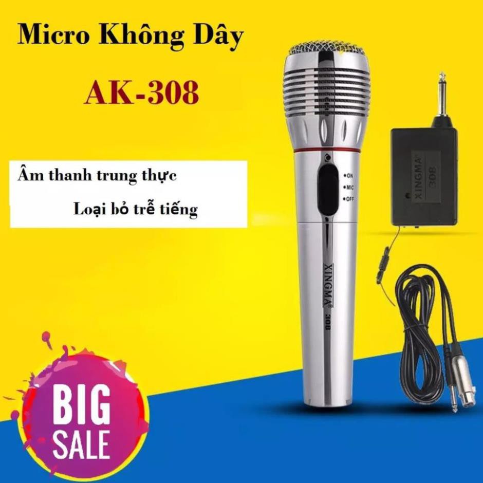 Mic không dây, Micro Không Dây Kết Hợp Có Dây AK 308 Công Nghệ 2 Màng Lọc Âm Tốt, Hát Hay - BẢO HÀNH UY TÍN