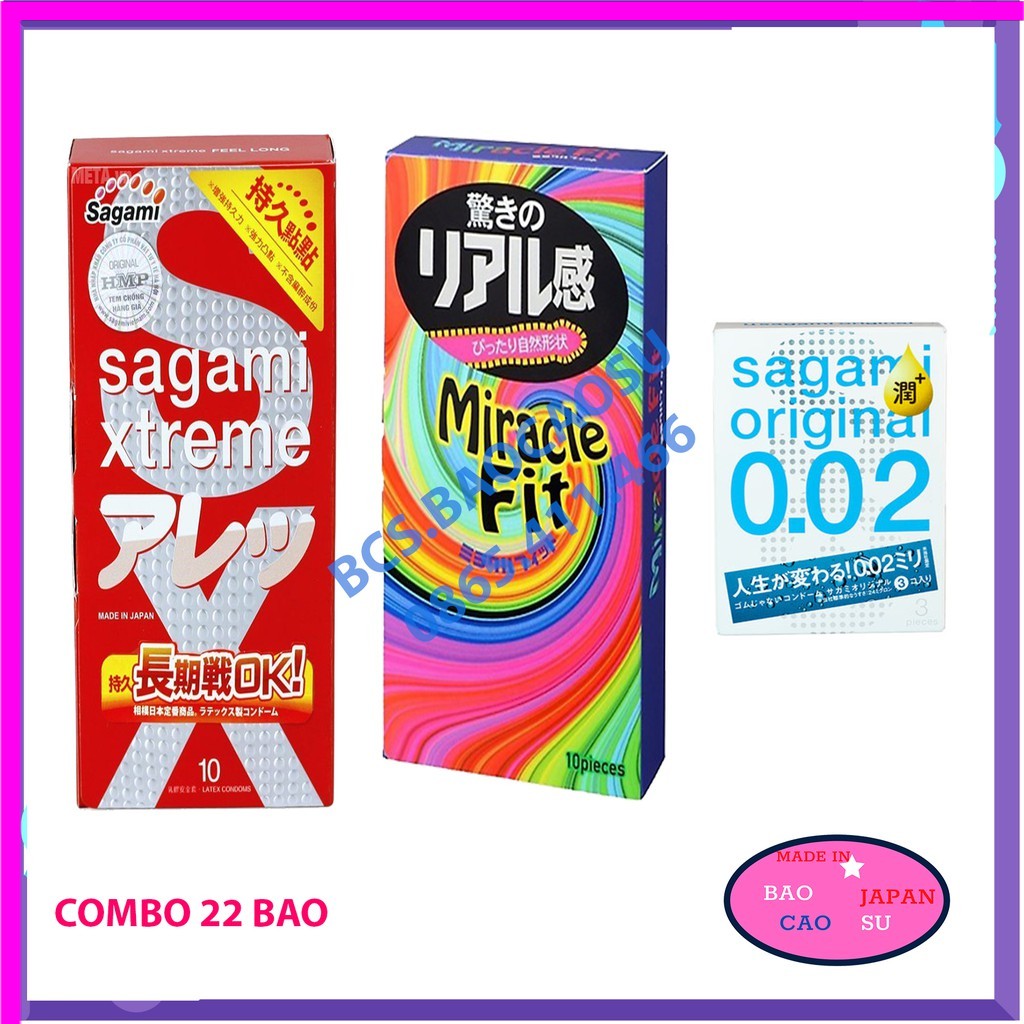 Combo 23 bao cao su Kéo dài thời gian Sagami Feel Long 10 + Miracle Fit 10 + Original 0.02 hộp 03 [Free Ship]