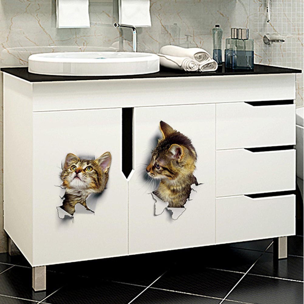 Sticker dán bồn cầu họa tiết 3D hình con mèo dùng trang trí nhà tắm