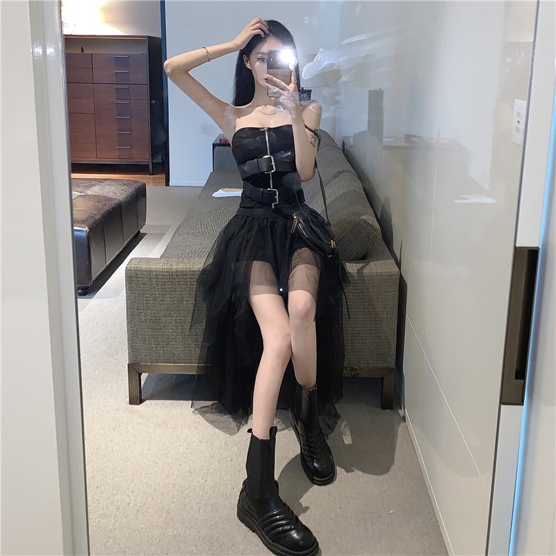 Set áo ống thun croptop ôm body tôn dáng và da dây kéo dây gài khóa hở vai + váy lưới đen lưng cao dài ngắn đuôi cá