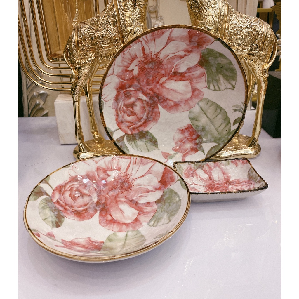 Bộ bát đĩa gia đình họa tiết hoa hồng , chất liệu sứ xương an toàn cho sức khỏe, hai màu hồng và nâu