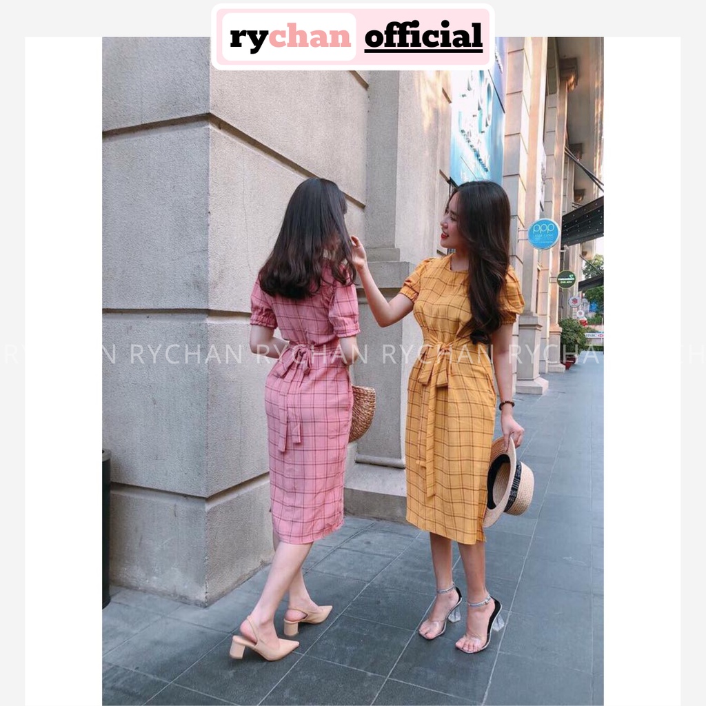 DO047 - Đầm Ôm Caro Thắt Nơ Nhiều Màu