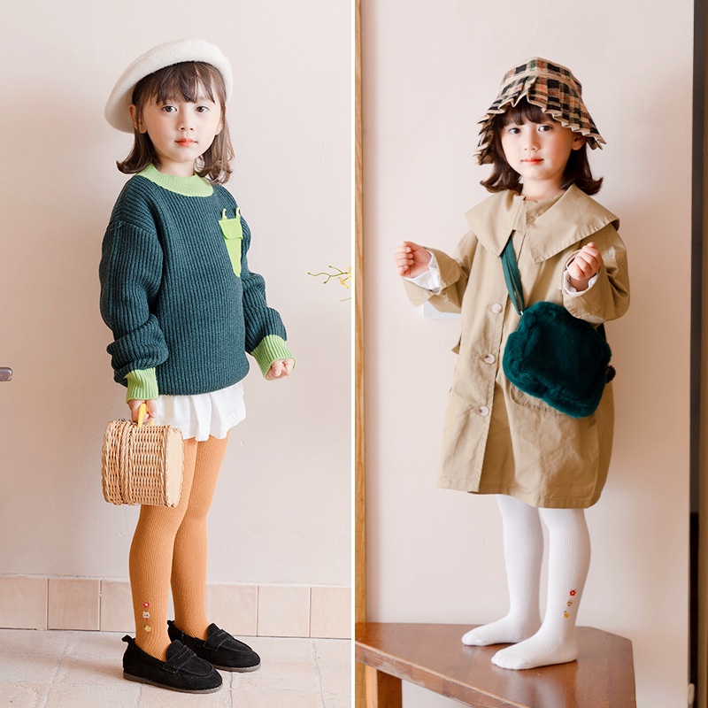 Quần tất legging len cho bé gái từ 0-9 tuổi cao cấp thêu hoa đáng yêu liền bàn LABAMO QT01