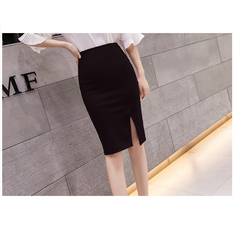 Chân váy công sở dài thun umi CR63V07 co dãn màu đen xẻ trước [có hàng bigsize từ 45-85kg | BigBuy360 - bigbuy360.vn