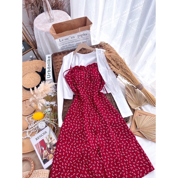 Đầm hoa nhí đỏ kèm áo khoác Cardigan | BigBuy360 - bigbuy360.vn