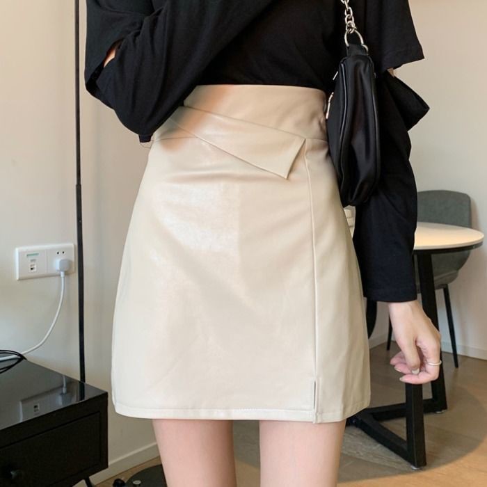 Korean style fashion high waist A-line skirt Small skirt Sexy leather skirt