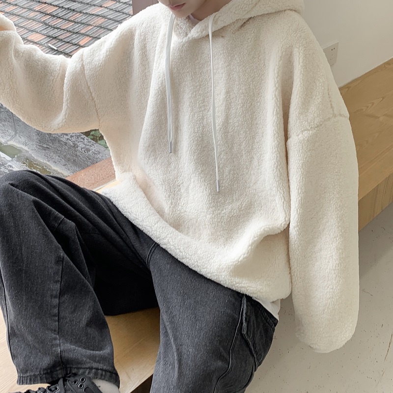 Áo khoác hoodie len lông cừu dáng rộng thời trang mùa đông cho nam giới
