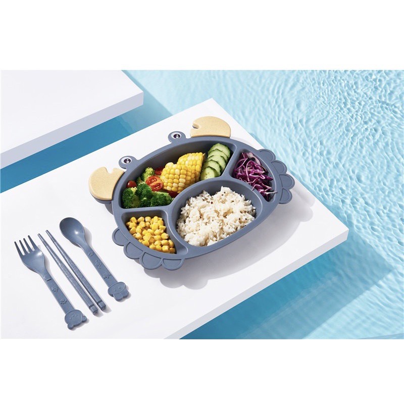 Khay Ăn Dặm Lúa Mạch Kiểu Cho Bé Tặng Kèm Thìa Dĩa, Dĩa Ăn Dặm Hình Thú Dễ Thương