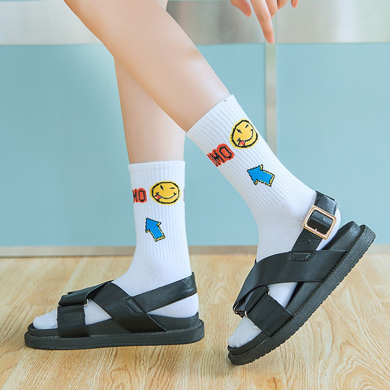 Tất Nam Nữ Cổ Cao Unisex Họa Tiết Trắng Dễ Phối Đồ