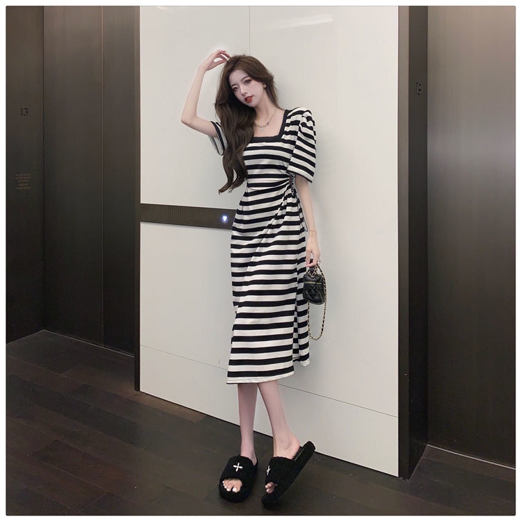 Đầm Dài Tay Ngắn Cổ Vuông Họa Tiết Kẻ Sọc Màu Sắc Tương Phản Thời Trang Mùa Hè Cho Nữ