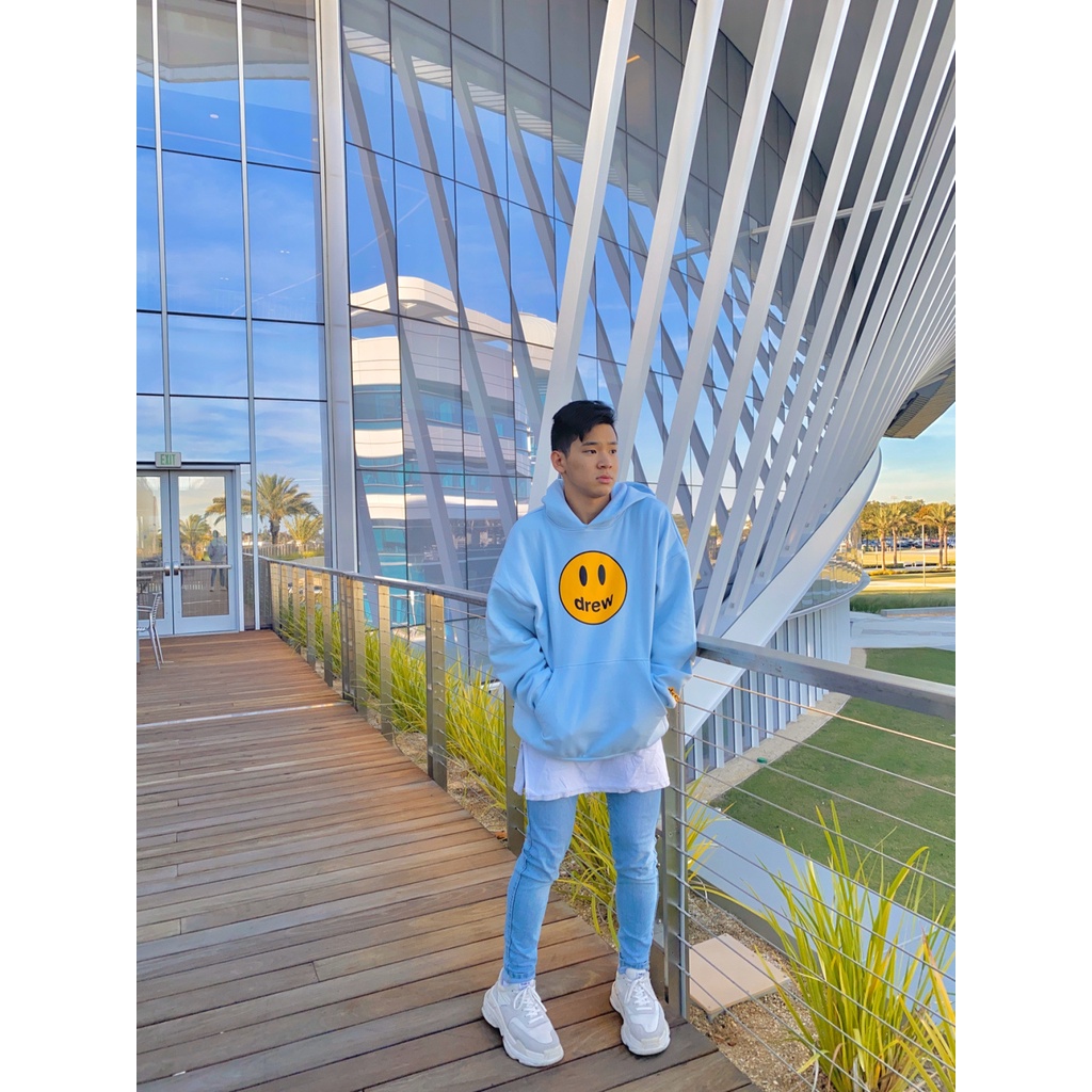 Áo hoodie DREW HOUSE Mascot Justin Bieber SS21 màu Xanh Blue bản cao cấp chuẩn form âu, Áo khoác nỉ có mũ DREW mặt cười