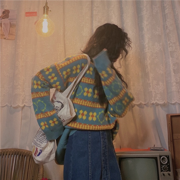 Áo kiểu thời trang SUXI vải dệt kim tay dài hoạ tiết kẻ hoa văn phong cách retro