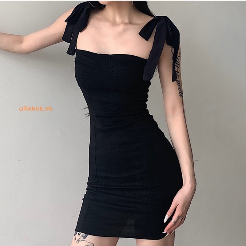 Lona Dress - Váy hai dây body cột nơ màu trắng, đen