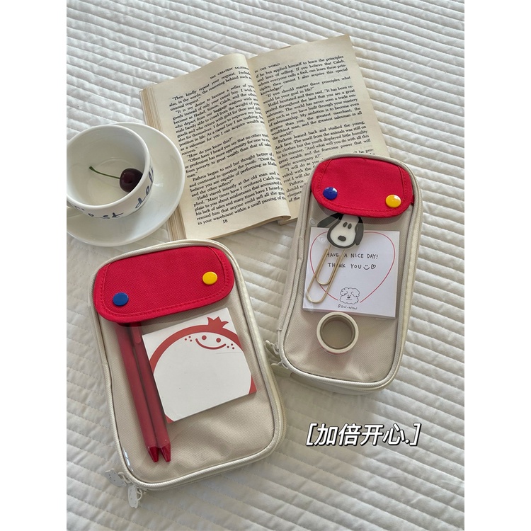 Hộp Đựng Bút Bằng Vải Canvas Hai Lớp Sức Chứa Lớn Màu Sắc Tương Phản Đơn Giản Đa Năng Cho Học Sinh