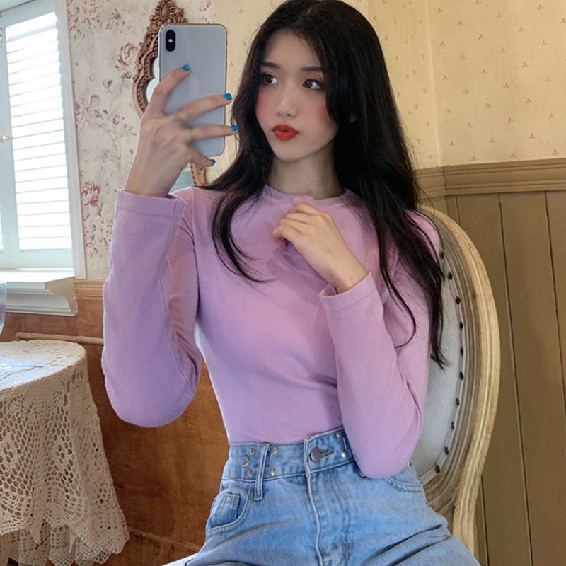 Áo thun tay dài cổ tròn màu trơn thời trang thanh lịch cho nữ