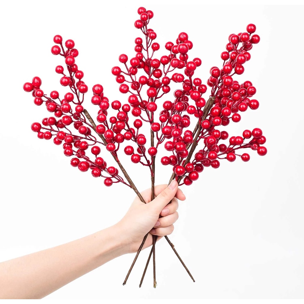 1 nhánh quả berry đỏ nhân tạo bằng xốp dùng trang trí nhà cửa dịp Giáng Sinh