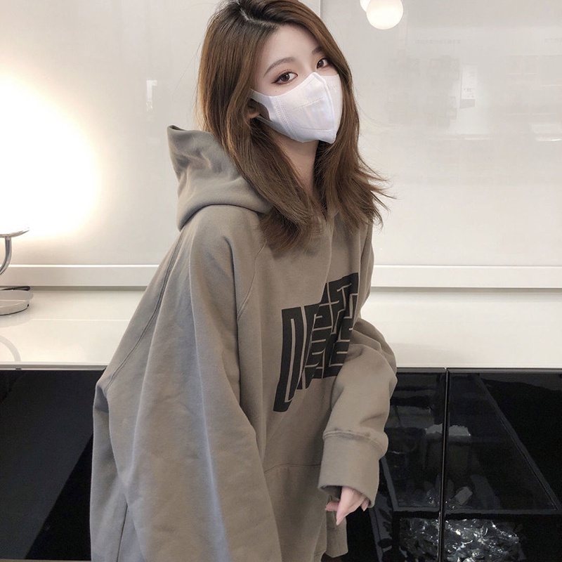 Áo len IELGY có mũ trùm đầu bằng cotton dài tay dáng rộng mỏng phong cách retro dành cho nữ