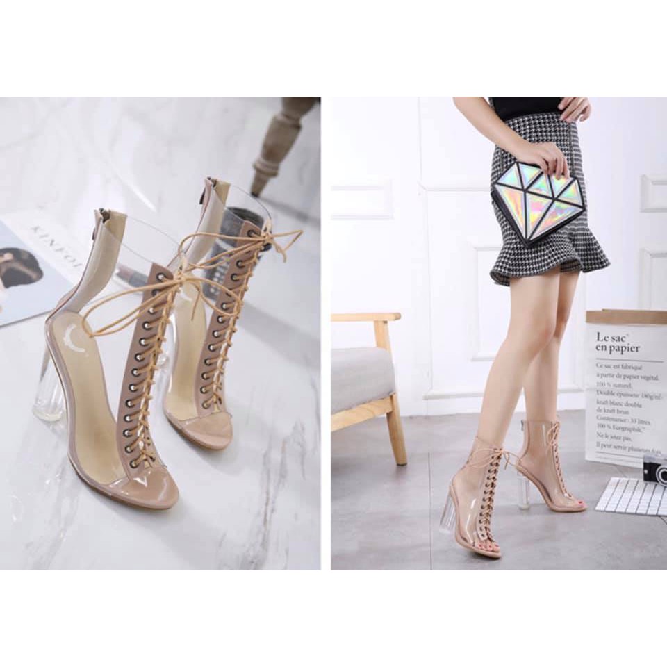 Giày boot cổ cao cột dây trong suốt