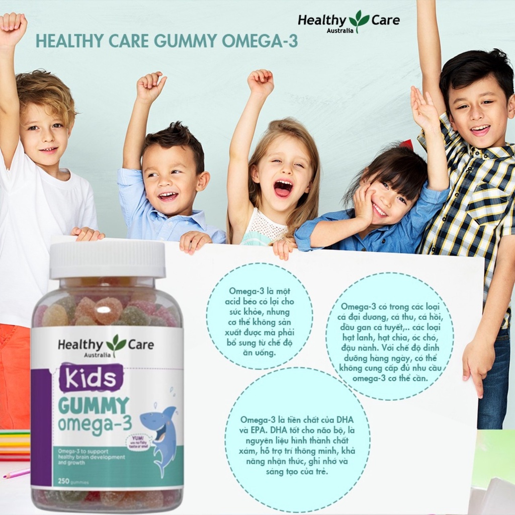 Kẹo dẻo bổ mắt Healthy Care Kids Gummy Omega 3 phát triển trí não cho trẻ từ 2 tuổi 250 viên BeautiMax