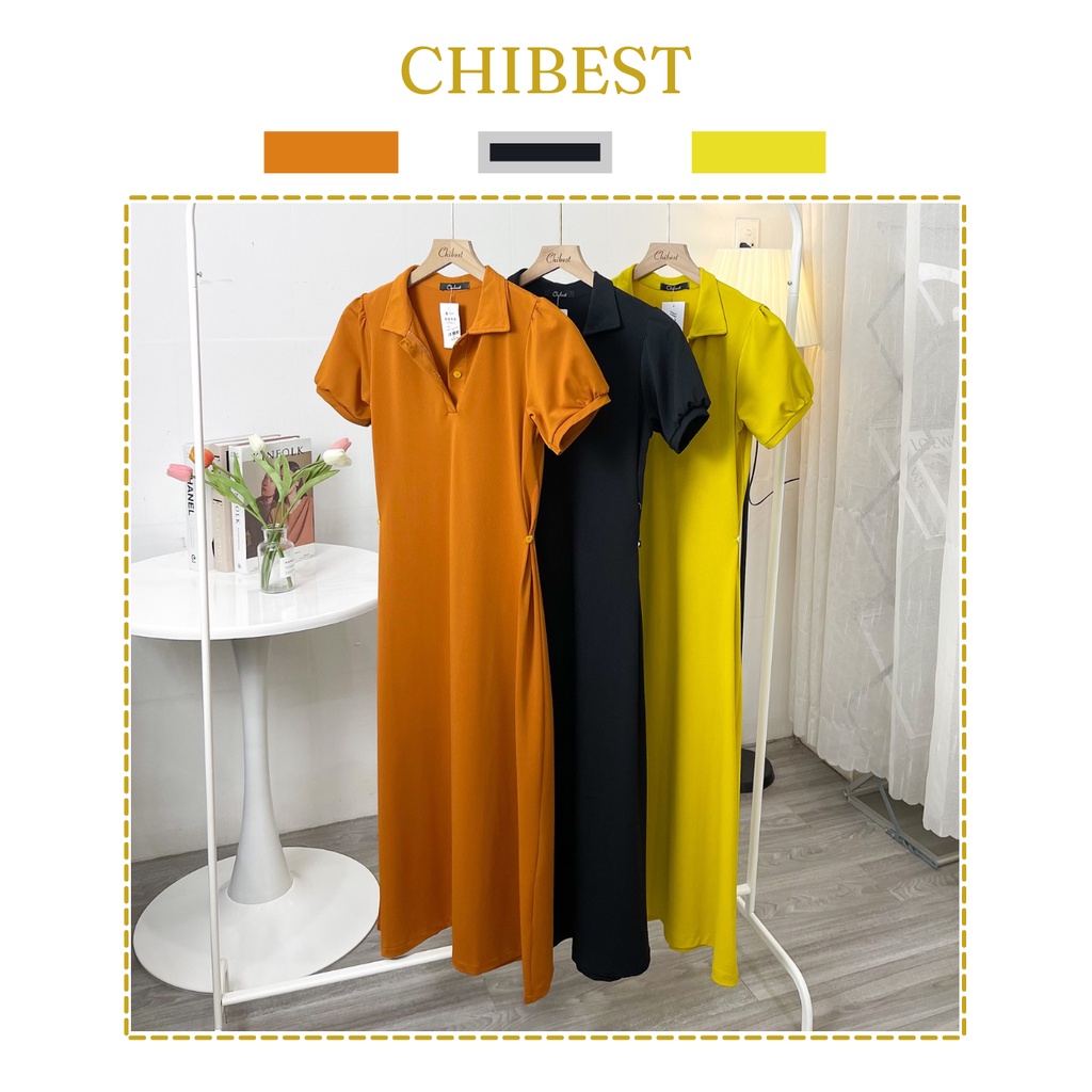 Đầm thun suông dài nút eo Dáng Rộng Cổ polo CHIBEST LDB77