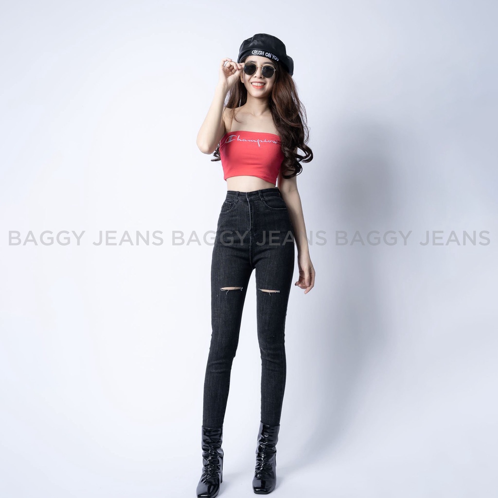 Quần Dài Jean Nữ Lưng Cạp Cao Tua Lai Rách Nhẹ