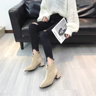 Giày Bốt Nữ Da Lộn Viền Da Gót Vuông cao 5cm