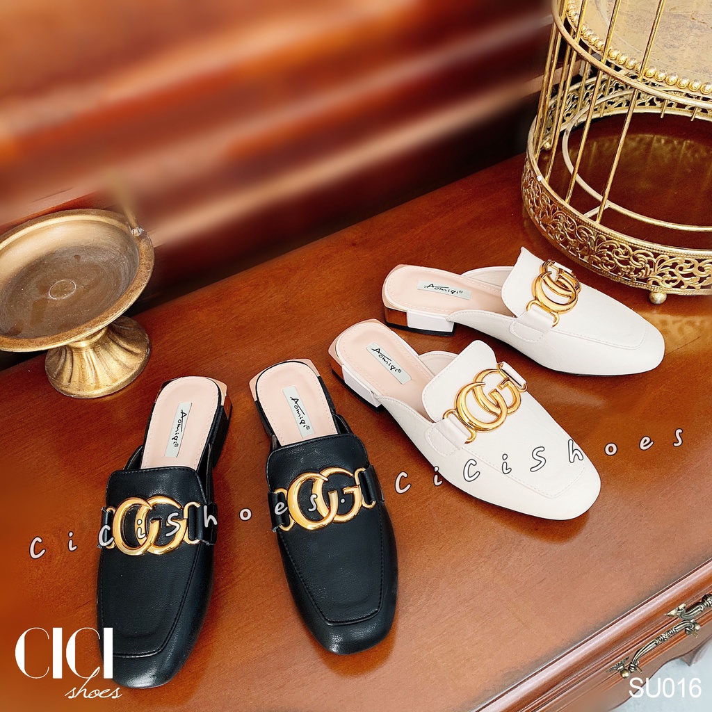 Giày sục nữ CiCi Shoes gót vuông kim loại 1cm, dép sục da mũi vuông khoá đồng - SU016