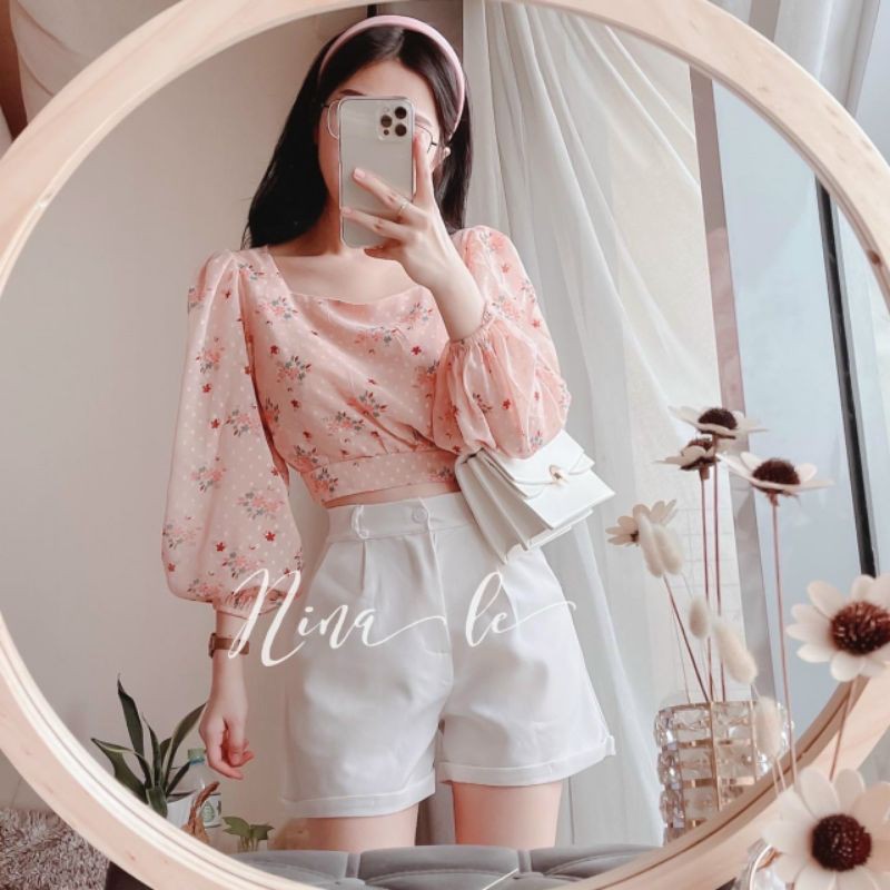 Set áo hoa cột nơ và quần short lưng cao