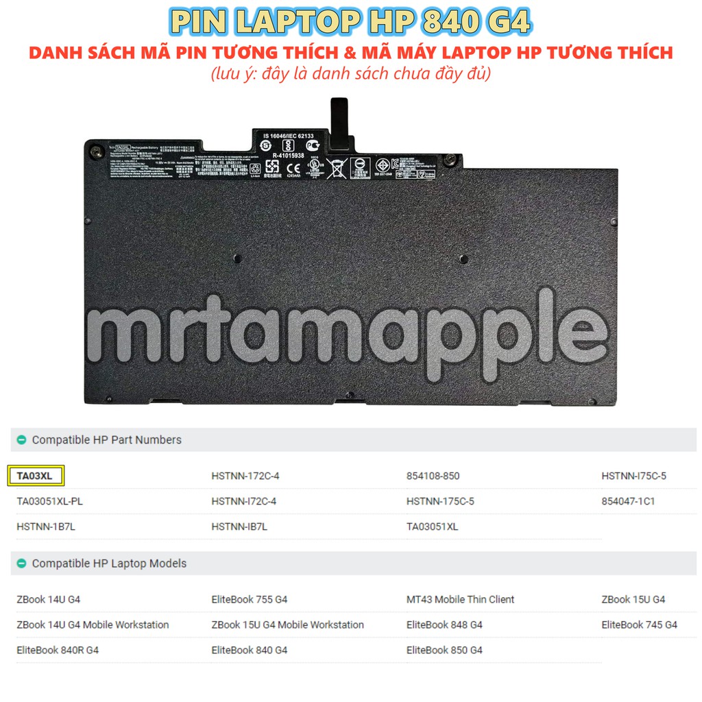 Pin Laptop HP 840 G4 TA03XL (ZIN) - 6 CELL - EliteBook 755 G4 840 G4 848 G4 850