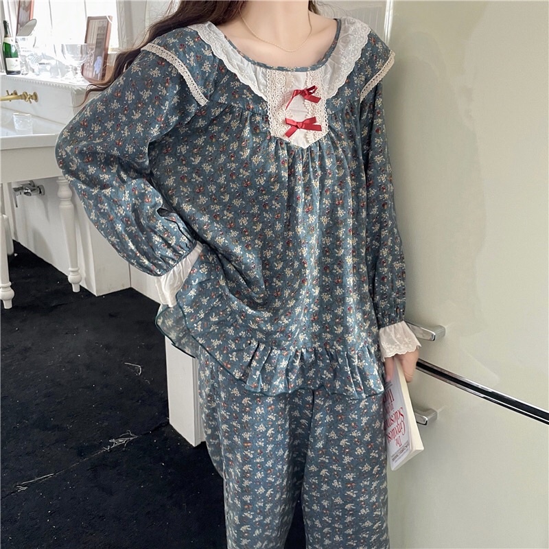 Đồ Bộ Nữ Mặc Nhà Xinh Tiểu Thư Hoa Nhí Style Hàn Quốc_ Cổ Viền Bèo Nơ Ulzzang