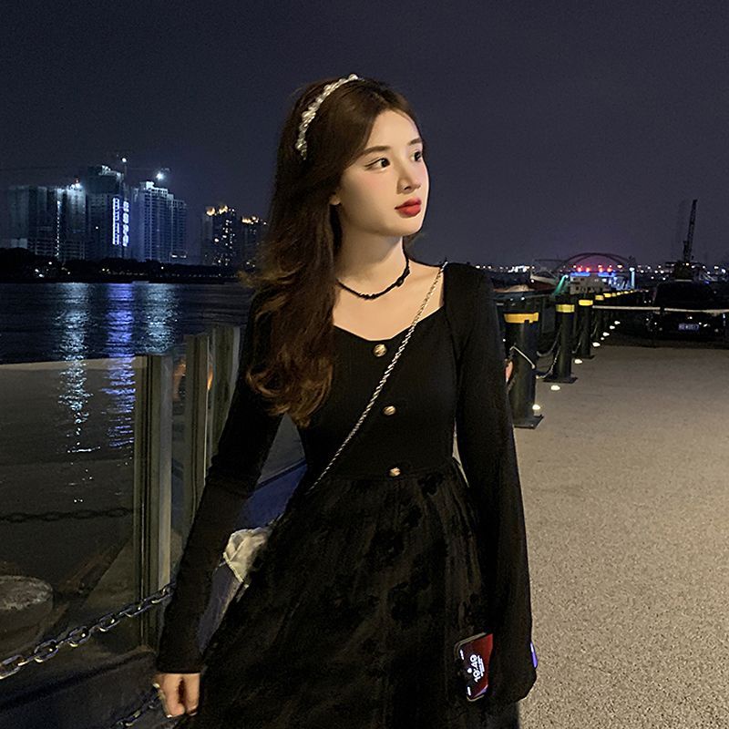 Đầm Chữ A Giả Hai Lớp Phối Lưới Màu Đen Thời Trang Thu Đông