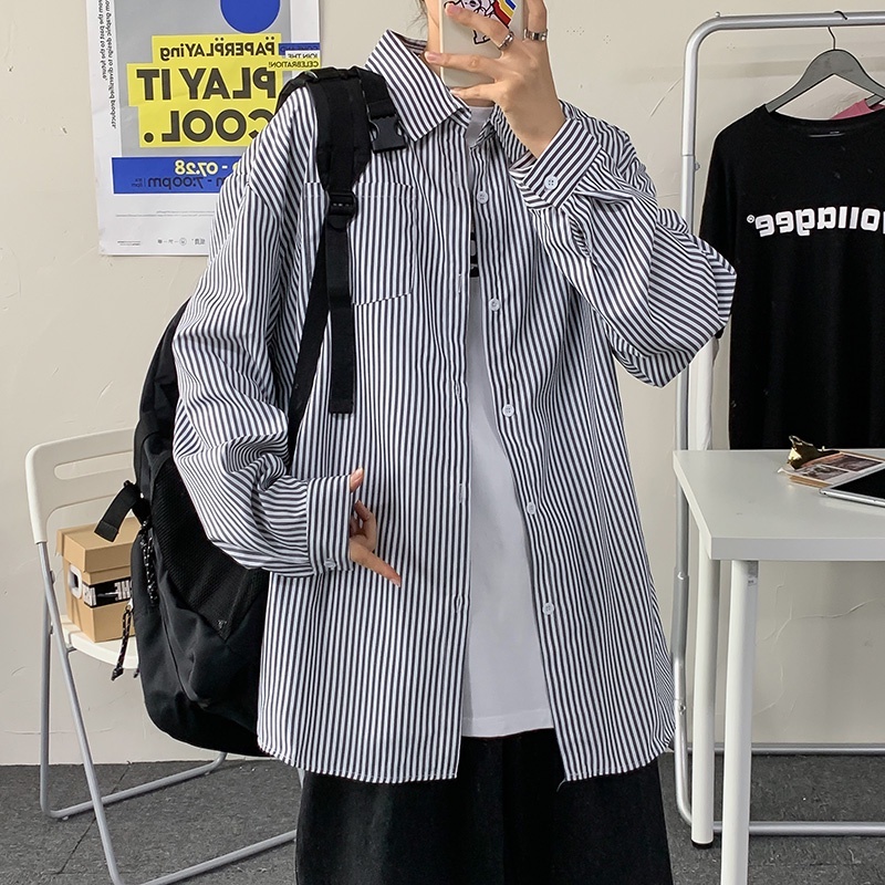 Áo Sơ Mi Tay Dài Thiết Kế Dáng Rộng Họa Tiết Kẻ Sọc Phong Cách Hàn Quốc Thời Trang Xuân Hè Cho Nam