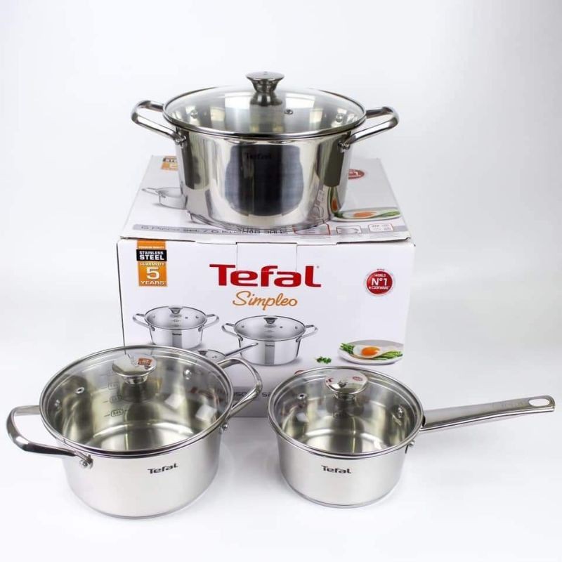 Tefal- Bộ Inox Simpleo B907S644 đẹp đến nao lòng gồm quánh size 16cm, nồi size 20cm và 24cm phù hợp với mọi loại bếp